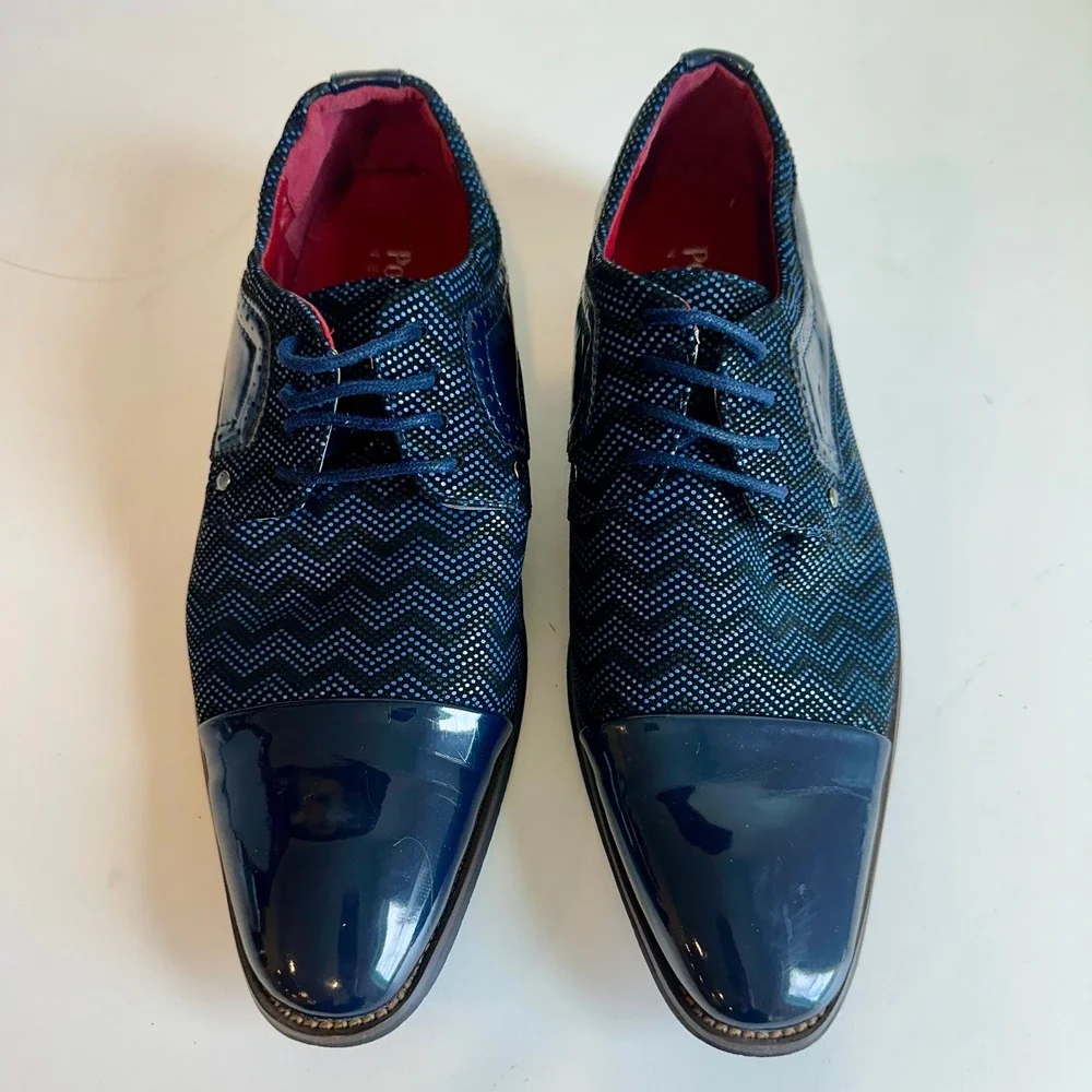 Mens Navy Blue Chevron Pattern Patent Cap Toe Dress Shoes‎ Oxford Size 8.5